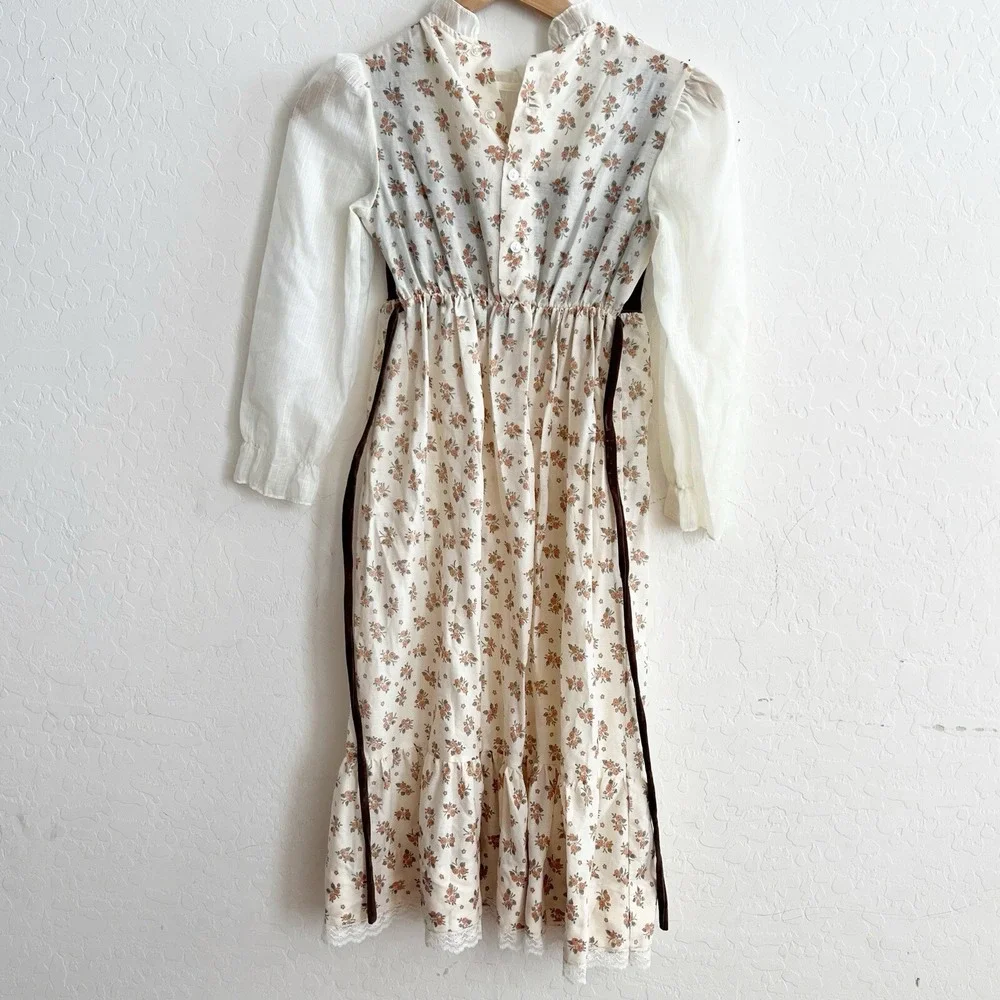 Vintage 70s JCPenney Prairie Velveteen Floral Ruffled Lace Long Girls Dress SZ 8